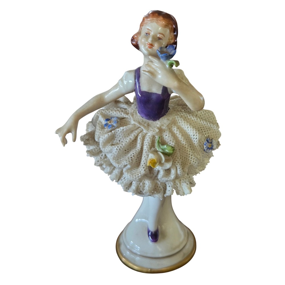 Vintage Volkstedt Porcelain Ballerina Figurine Lace Tutu Purple Flowers Germany